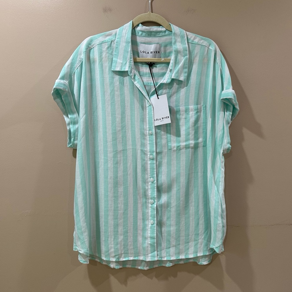Lola River Womens XL Green White Striped Button Up Shirt Short Sleeve Blouse